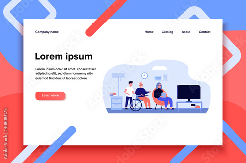 Cheerful diverse people watching TV. Senior couple, assistant, disabled man in wheelchair flat vector illustration. Leisure time, movie, show concept for banner, website design or landing web page