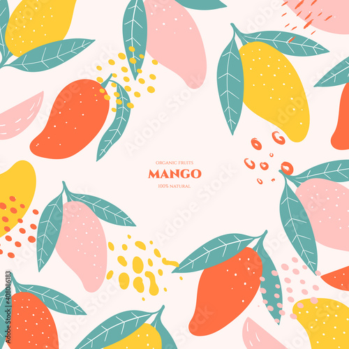 Vector frame with doodle mango and abstract elements. Hand drawn illustrations.