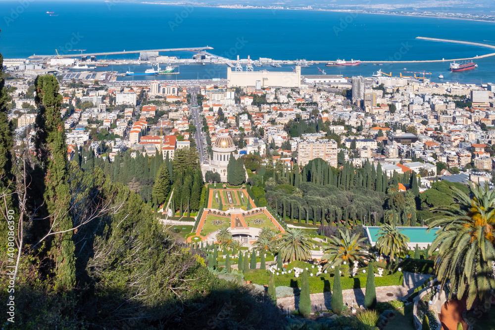 View from  Mount Carmel to the Bahai Temple, the downtown, the port and the Mediterranean Sea and Haifa city, in Israel.