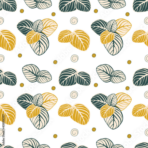 Seamless pattern of leaves and circles on a white background. Suitable for printing on textiles  fabrics  bedding  wrapping paper  covers  wallpaper designs. 