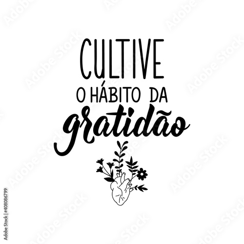 Cultivate the habit of gratitude in Portuguese. Lettering. Ink illustration. Modern brush calligraphy.