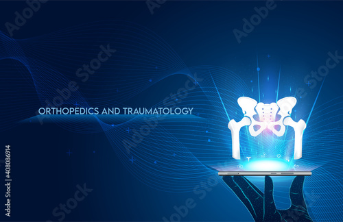 Technology for treatment of hip. Abstract traumatology and orthopedics. Medical science in the hospital for body joints.