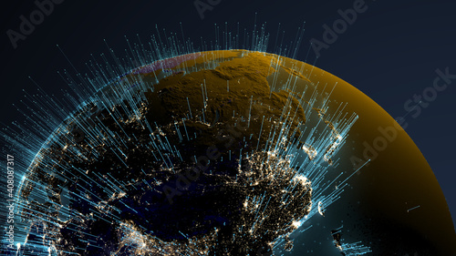 Fototapeta Naklejka Na Ścianę i Meble -  Global connectivity concept with worldwide communication network connection lines around planet Earth viewed from space, satellite orbit, city lights in Europe, some elements from NASA