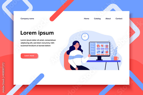 Customer choosing food in online grocery store. Woman at computer, internet shop flat vector illustration. Service, food order during lockdown concept for banner, website design or landing web page