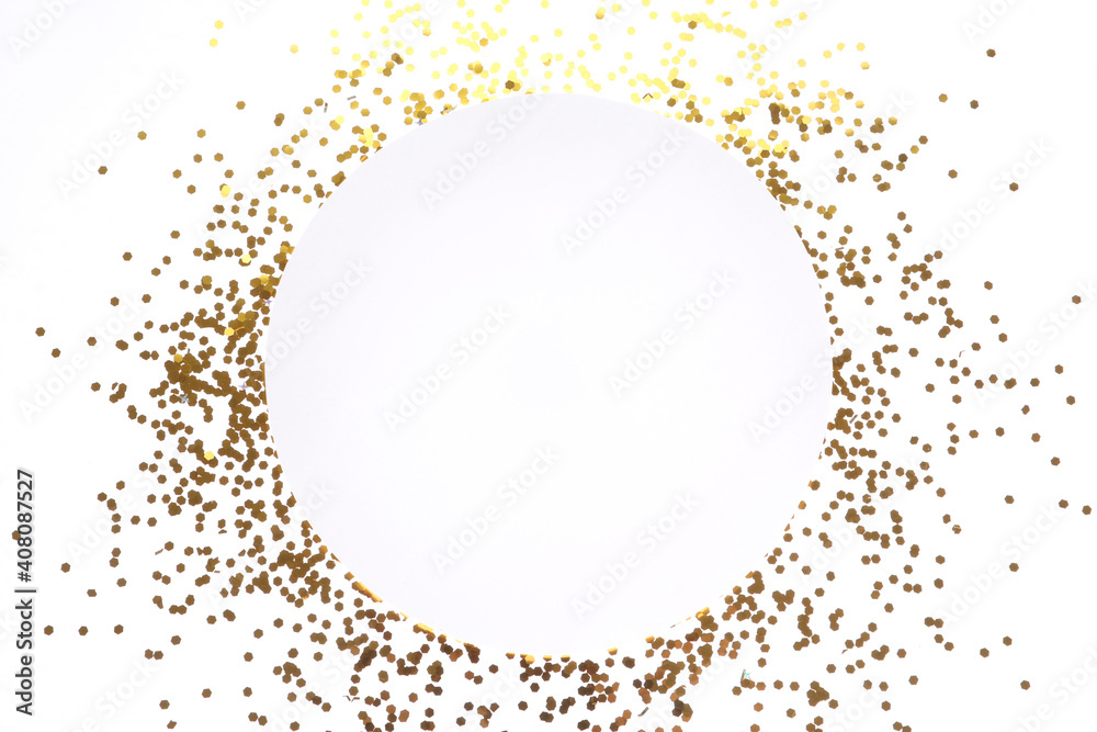 Frame made of bright confetti on white background, top view. Space for text Frame made of bright confetti on white background, top view. Space for text