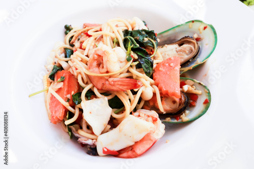 Seafood pasta Spaghetti with Clams, Prawns, Seafood