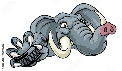 An elephant ice hockey player animal sports mascot holding a puck photo