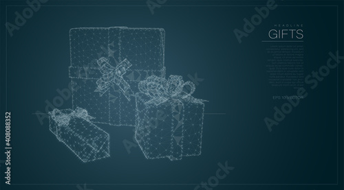 Gift boxes composed of polygon. Holiday christmas concept. Low poly vector illustration of a mesh . The boxes consists of lines, dots and shapes. Wireframe connection structure.