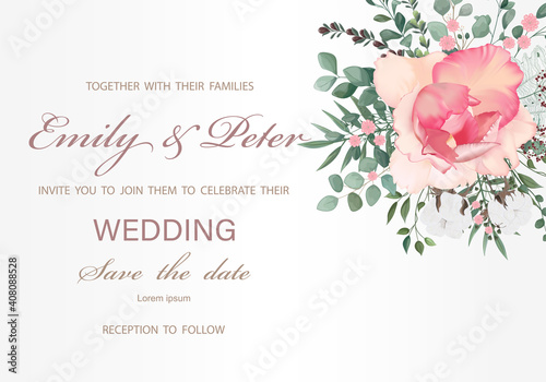 Wedding invitation with flowers, watercolor, isolated on white. Vector Watercolor.