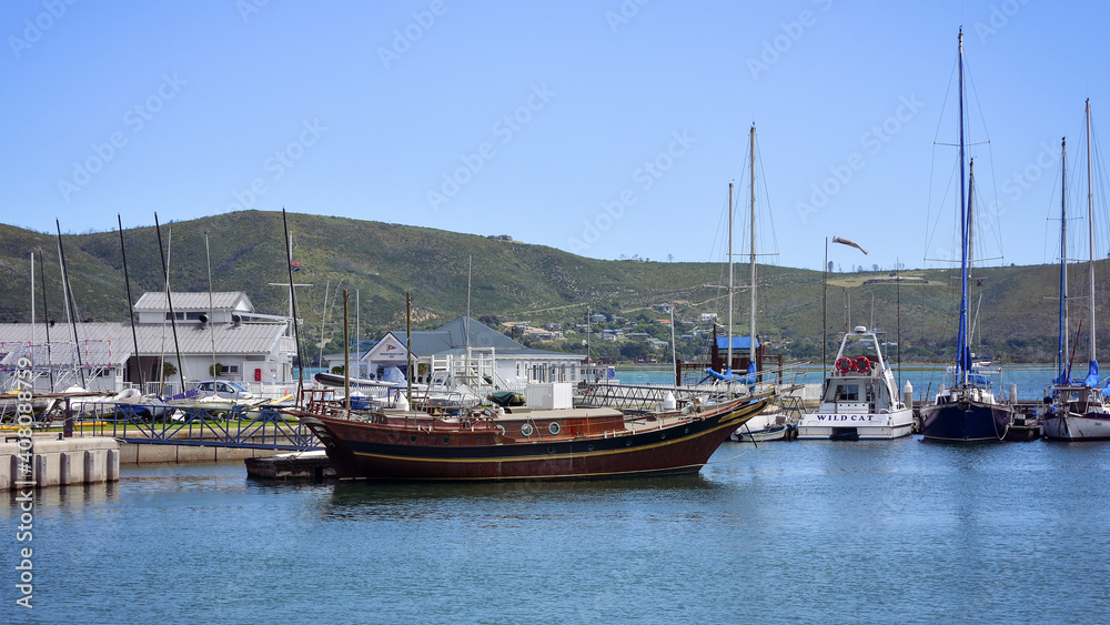 Boats and yachts moored in the port of Knysna, Garden route Western Cape South Africa