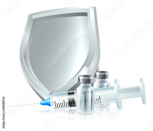 A vaccine immunisation or other medicine syringe injection with shield medical concept