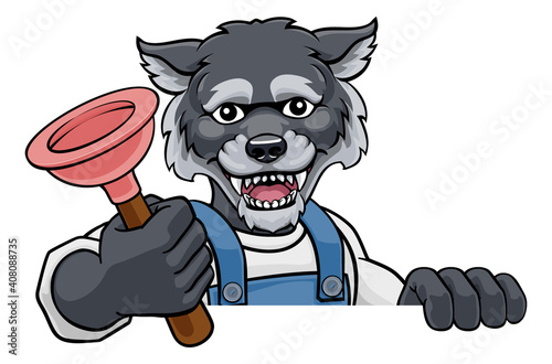 A wolf plumber cartoon mascot holding a toilet or sink plunger peeking round a sign