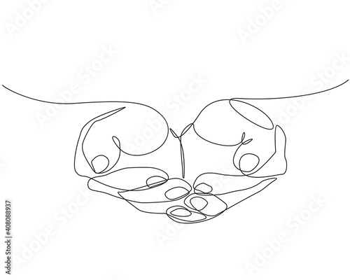Continuous One Line Drawing of Prayer Hands. Single Line Art Drawing. Hands Minimal Line Illustration. Modern Minimalist Contour Illustration. Vector EPS 10.