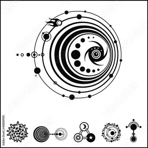 Mystical drawing: Mysterious crop circle UFO, Stylized galaxy, set of cosmic symbols. Astrology, alchemy, extraterrestrial, space design. Vector Illustration Isolated on a white background. 