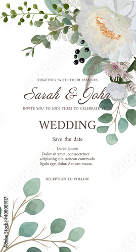 Wedding invitation with flowers, watercolor, isolated on white. Vector Watercolor.