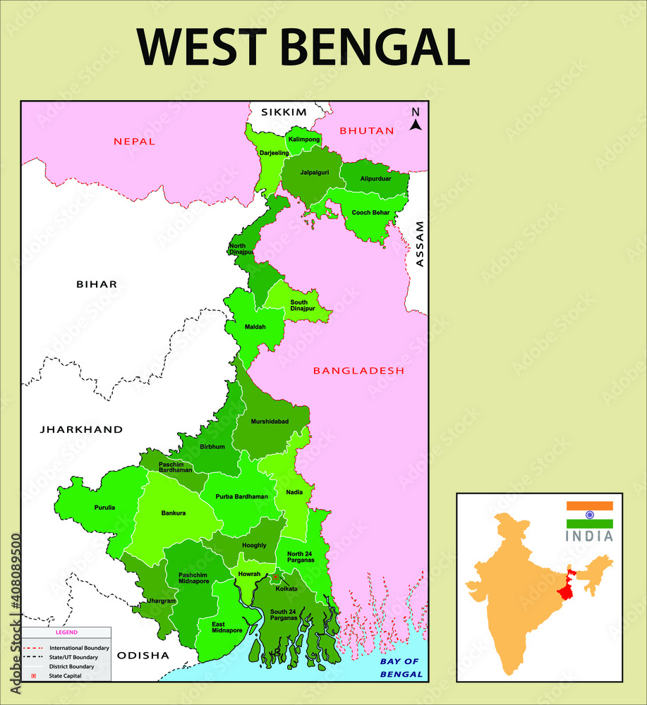 West Bengal map. Showing International and State boundary and district boundary of West Bengal. Political and administrative map of West Bengal with districts name in green color.
