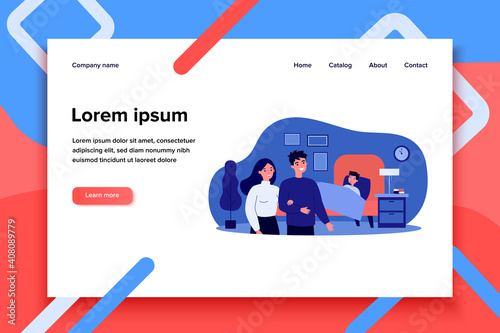 Happy couple watching their son sleeping. Bed, night, boy flat vector illustration. Family and happiness concept for banner, website design or landing web page