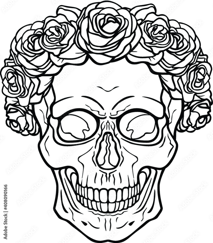 Mystical drawing:  human skull in a crown of roses. Magic, esoteric, occultism. Monochrome vector illustration isolated on white background. Print, poster, T-shirt, card. 