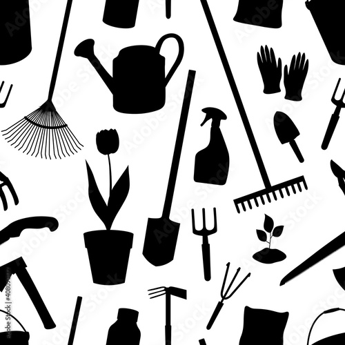 Seamless pattern gardening elements silhouettes vector illustration. Garden tools.