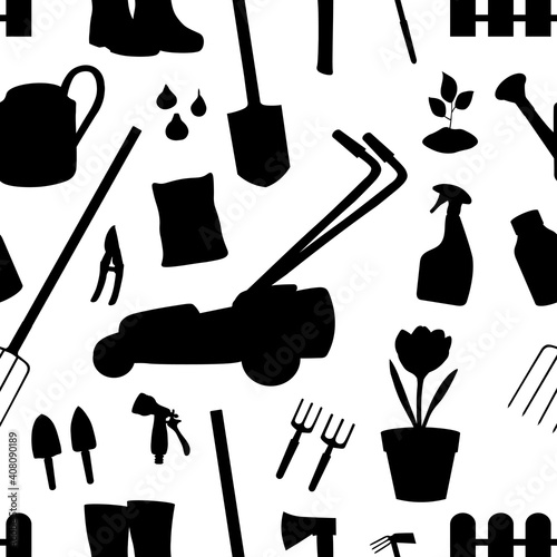 Seamless pattern gardening elements silhouettes vector illustration. Garden tools.