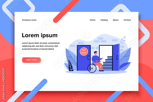 Handicapped man in wheelchair looking at staircase. Help, restriction, inability flat vector illustration. Social problem and assistance concept for banner, website design or landing web page