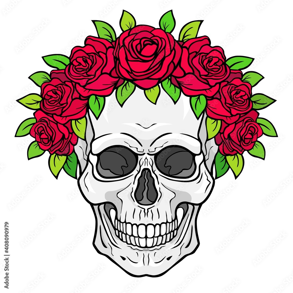 Mystical drawing: human skull in a crown of roses. Magic, esoteric, occultism. Vector illustration isolated on white background. Print, poster, T-shirt, card. Mystical drawing: human skull in a crown of roses. Magic, esoteric, occultism. Vector illustration isolated on white background. Print, poster, T-shirt, card.