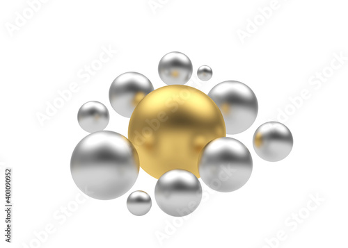 Golden sphere with a group of silver spheres around isolated on white. 3d illustration
