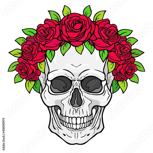 Mystical drawing:  human skull in a crown of roses. Magic, esoteric, occultism. Vector illustration isolated on white background. Print, poster, T-shirt, card. 