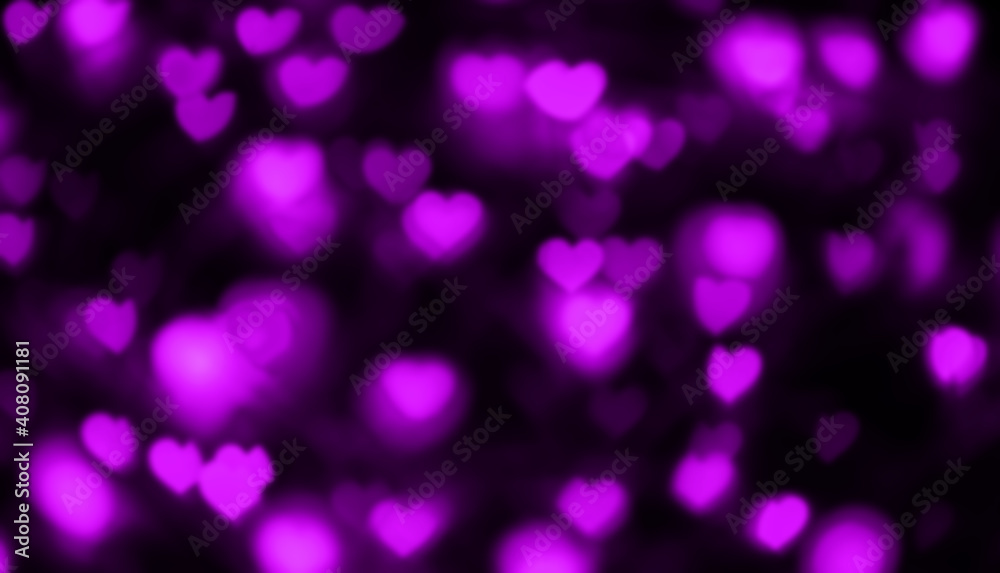 heart shape purple light blurred for LGBT background, valentine's day background, purple heart bokeh in dark night, glowing light with heart shape bokeh for abstract background