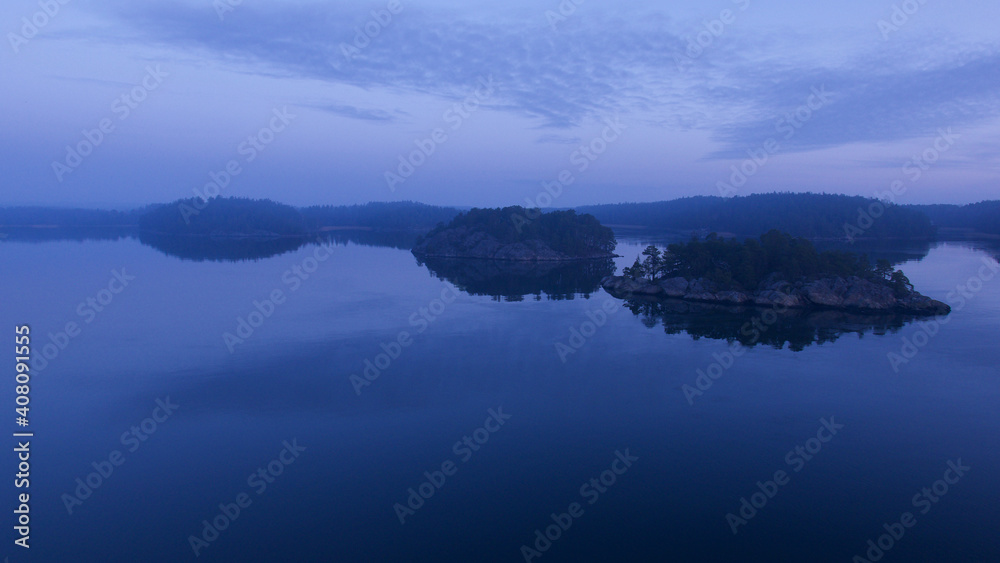 Fototapeta premium Dreamy morning, Small islands in Archipelago of Stockholm. 