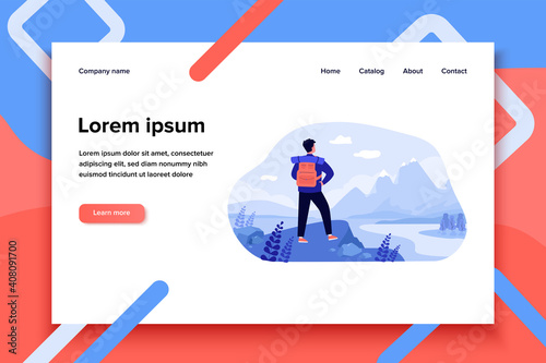 Adventure travel concept. Tourist exploring mountains. Man with backpack standing at cliff and admiring landscape. Vector illustration for hiking, trekking, nature, discovery, tourism topics