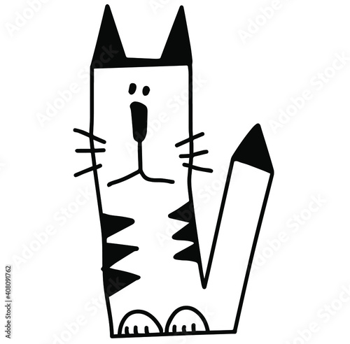 Cute Cat,  stylized. Contour for tattoo, logo, emblem and design element. Hand drawn sketch of a cat. Vector  illustration, Isolated on a white background.