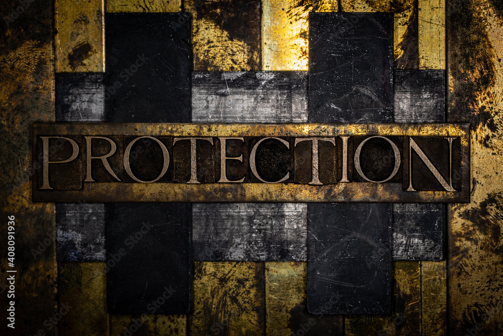 Protection text message on vintage textured grunge copper background lined with barbed wire
