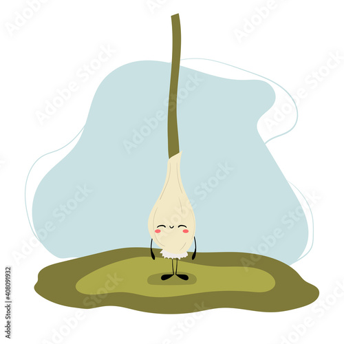 Cute vector illustration of garlic character isolated on white background. Design for kids in cartoon style.