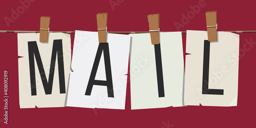 Word "Mail" attached to the rope with hairpins