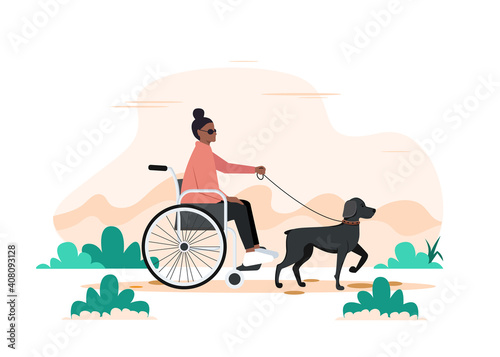 A dog and a disabled black woman in a wheelchair. Walking with Seeing Eye dog vector illustration