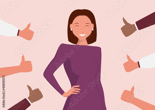 Cheerful young woman is surrounded by hands with thumbs up. The concept of public approval, audience recognition, positive opinion, recognition.