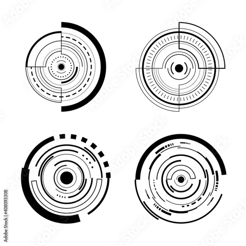 Set of black circle logo abstract on white background, Elements of digital technology sci-fi futuristic user interfaces. Vector illustration.