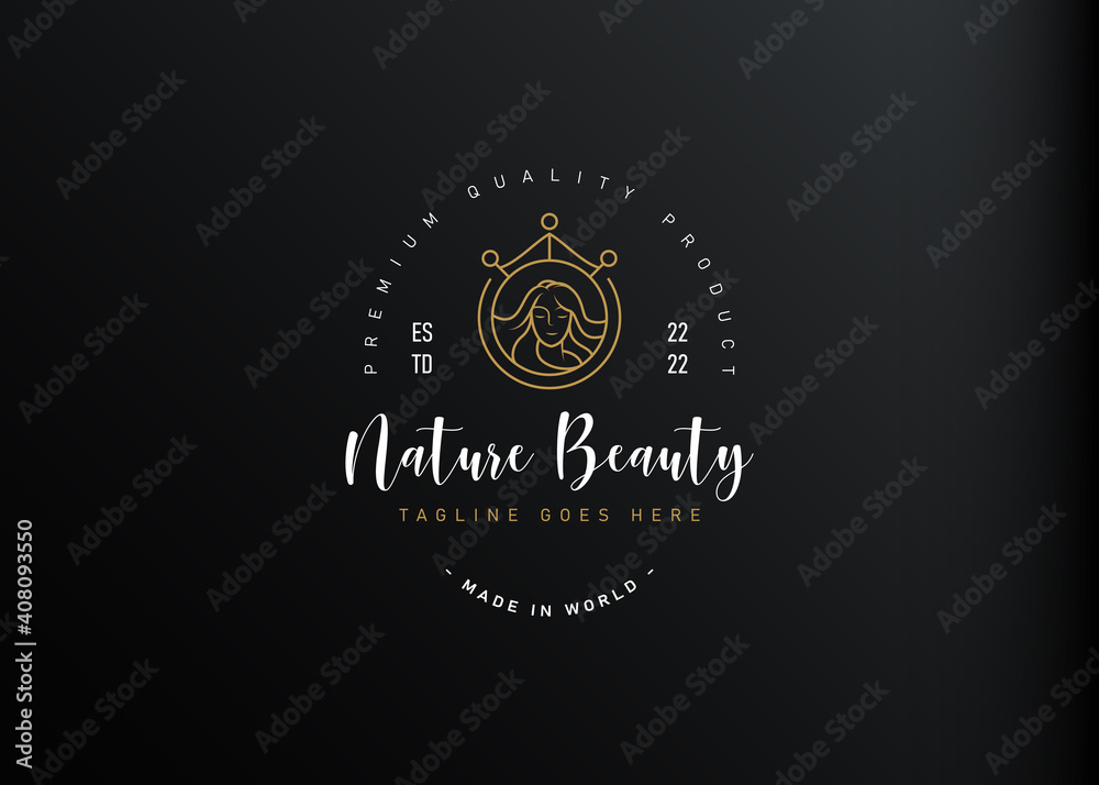 Fototapeta premium Royal queen logo design. Vector illustration of beauty woman hair with crown. Modern vintage icon design template with line art style.