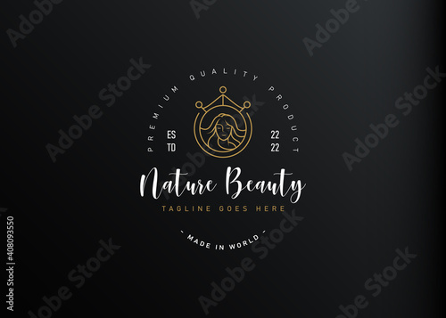 Royal queen logo design. Vector illustration of beauty woman hair with crown. Modern vintage icon design template with line art style.