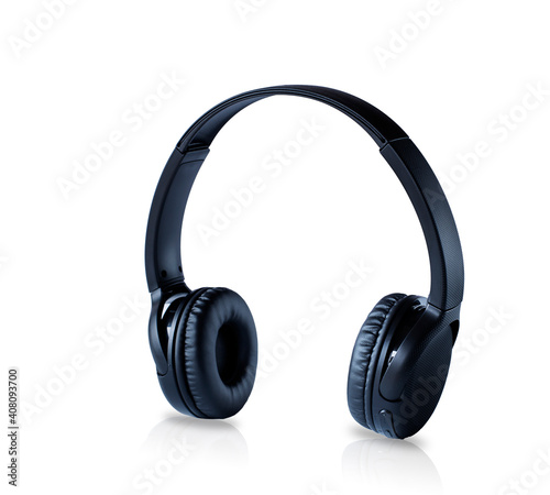 Wireless black headphones isolated on white, image with reflection