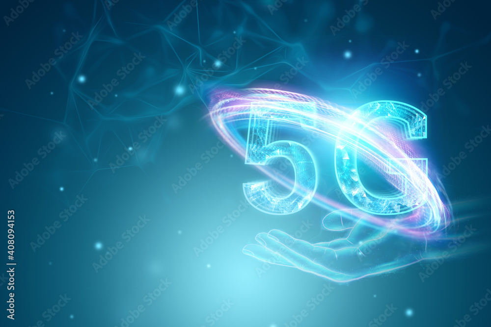 Creative background, hand holding 5G hologram on light blue background. 5G network concept, high-speed mobile internet, new generation networks. 3D rendering, 3D illustration. Creative background, hand holding 5G hologram on light blue background. 5G network concept, high-speed mobile internet, new generation networks. 3D rendering, 3D illustration.