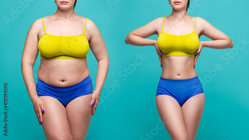 Obraz na plátně Woman's body before and after weight loss on blue background