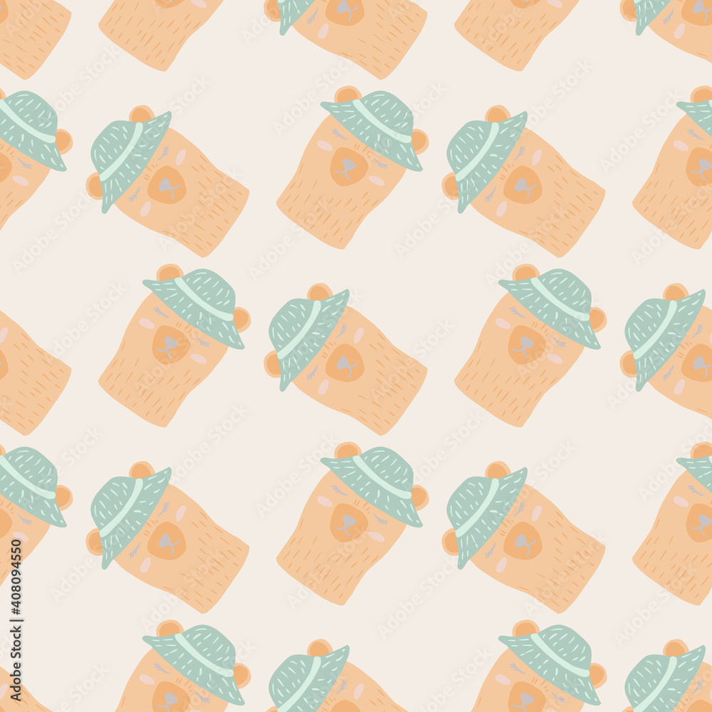 Beige simple funny bear in hats seamless doodle pattern. Pastel tones animal kids artwork with light background.