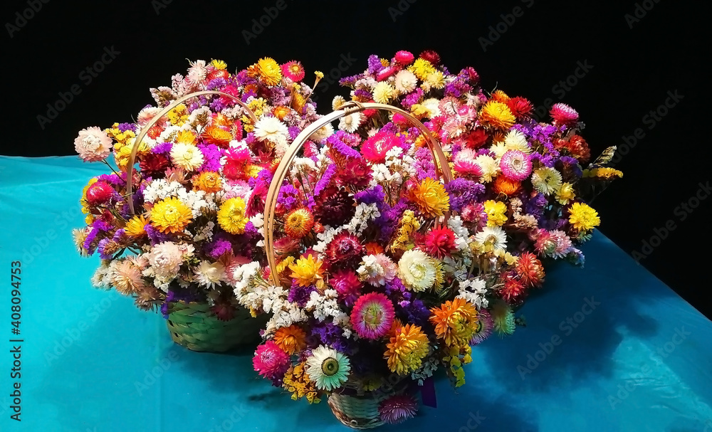 Floral arrangements of immortelles. Handmade flower bouquet.