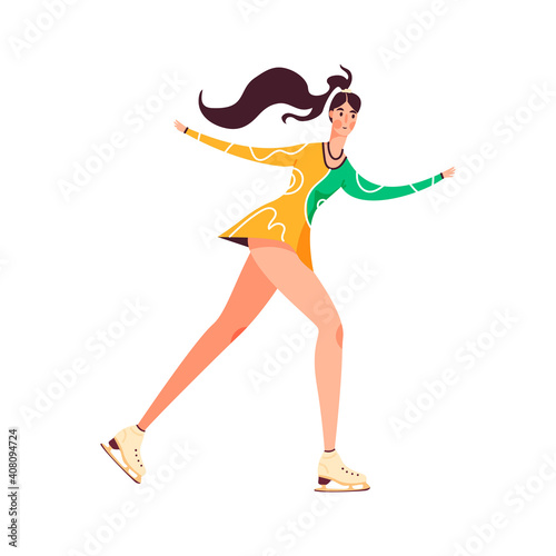 Female figure skater isolated on white vector illustration. Winter sport, ice dancer, gymnast woman design element. Championship, competition activity in cartoon style.