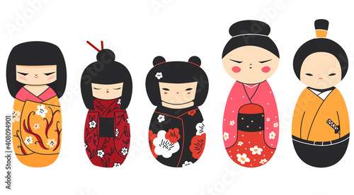 Isolated kokeshi dolls collection. Set of various traditional Japan culture symbols. Cute geisha, samurai toys cartoon clipart.