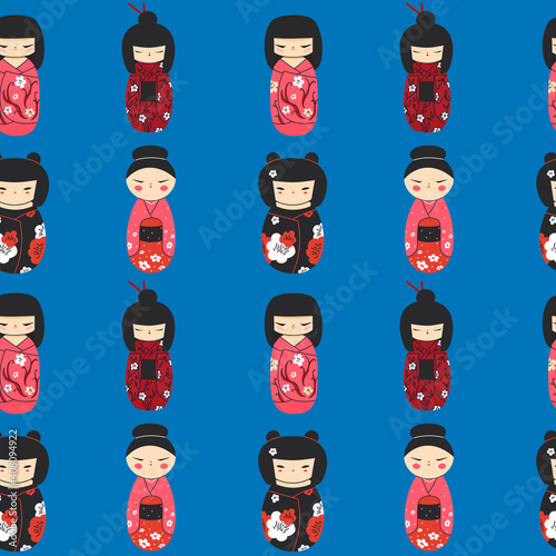 Kokeshi dolls seamless pattern vector illustration. Japan culture souvenir texture design. Asian symbol, toy in kimono dress background. 