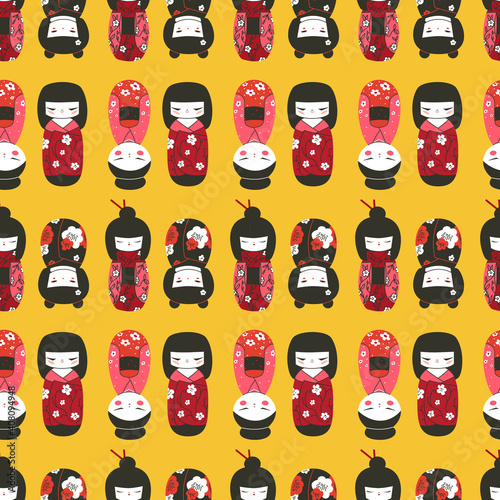 Kokeshi dolls seamless pattern vector illustration. Japan culture souvenir texture design. Asian symbol, toy in kimono dress background. 