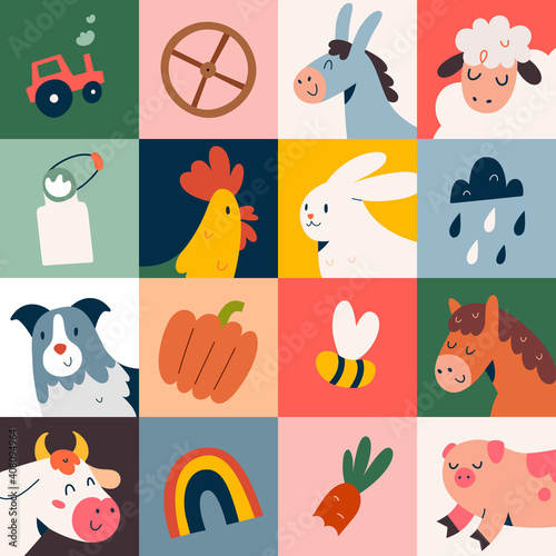 Farm animals poster with cute doodle cartoon illustrations for kids, colored pop art mural, cow, dog and pig